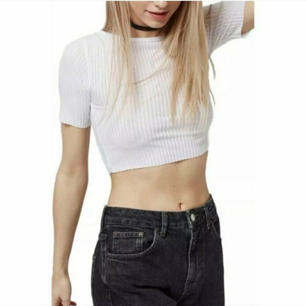 Topshop Cropped Ribbed Short Sleeve Scoop Neck White Top Size 4 NEW